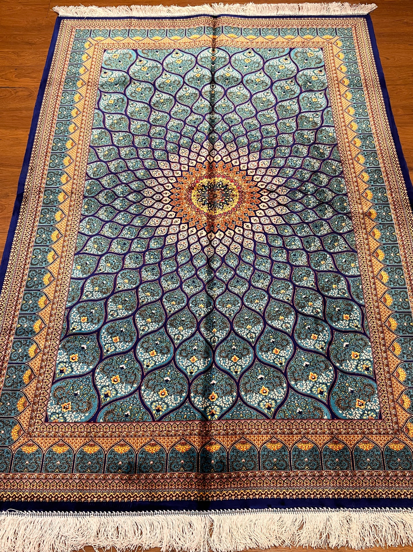 4x6 ft Turquoise Silk Rug – Teal & Navy Geometric Floral Medallion Area Rug, Luxury Statement Design