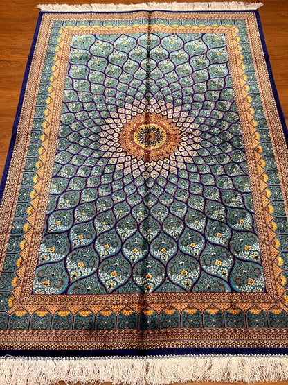 4x6 ft Turquoise Silk Rug – Teal & Navy Geometric Floral Medallion Area Rug, Luxury Statement Design