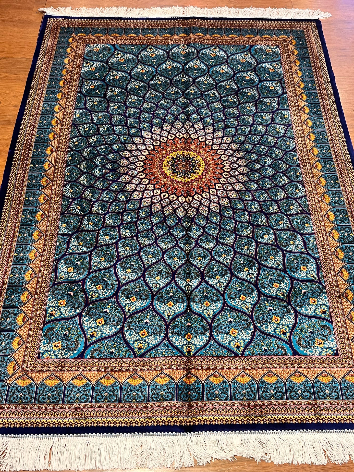 4x6 ft Turquoise Silk Rug – Teal & Navy Geometric Floral Medallion Area Rug, Luxury Statement Design