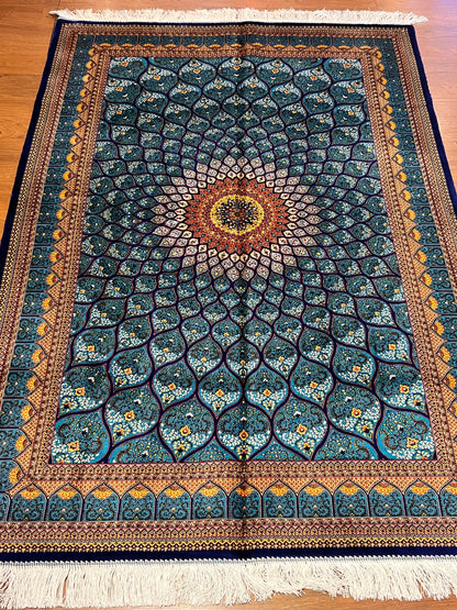 4x6 ft Turquoise Silk Rug – Teal & Navy Geometric Floral Medallion Area Rug, Luxury Statement Design