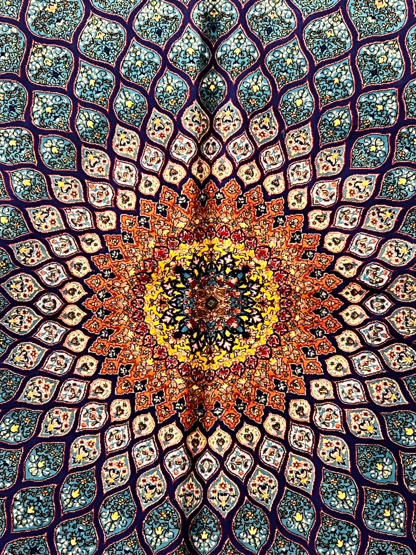 4x6 ft Turquoise Silk Rug – Teal & Navy Geometric Floral Medallion Area Rug, Luxury Statement Design