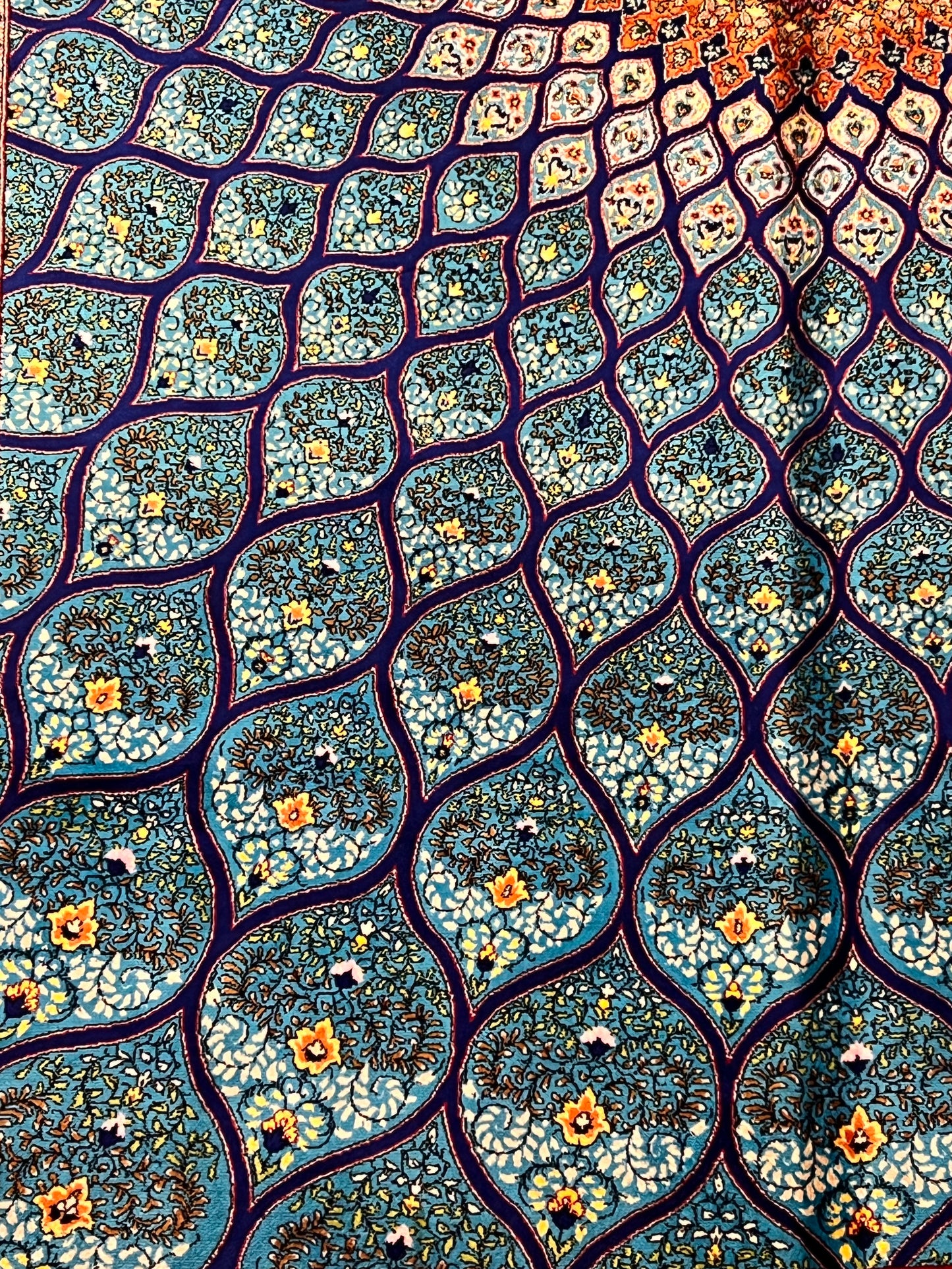 4x6 ft Turquoise Silk Rug – Teal & Navy Geometric Floral Medallion Area Rug, Luxury Statement Design
