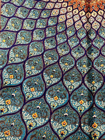 4x6 ft Turquoise Silk Rug – Teal & Navy Geometric Floral Medallion Area Rug, Luxury Statement Design