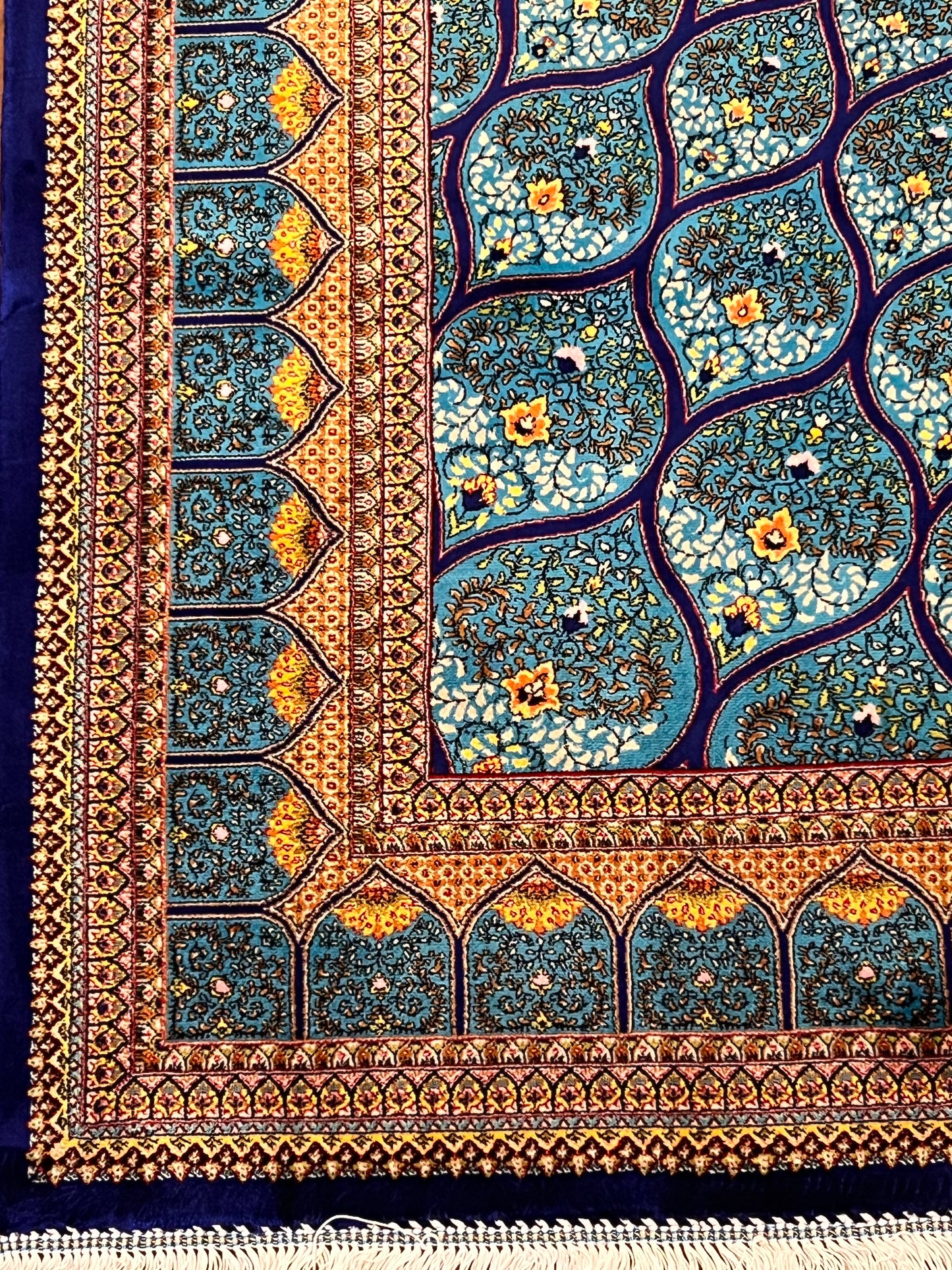 4x6 ft Turquoise Silk Rug – Teal & Navy Geometric Floral Medallion Area Rug, Luxury Statement Design