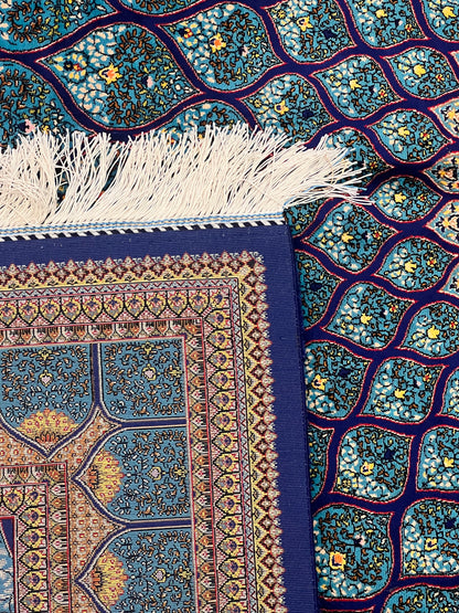 4x6 ft Turquoise Silk Rug – Teal & Navy Geometric Floral Medallion Area Rug, Luxury Statement Design