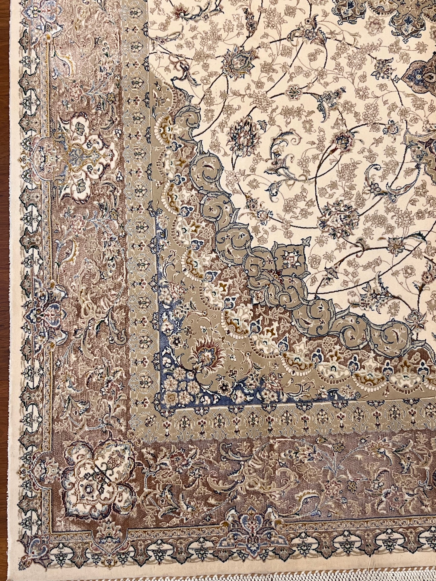 4x6 ft Ivory Silk Rug – Beige, Taupe & Soft Blue Floral Medallion Area Rug, Elegant Neutral Design