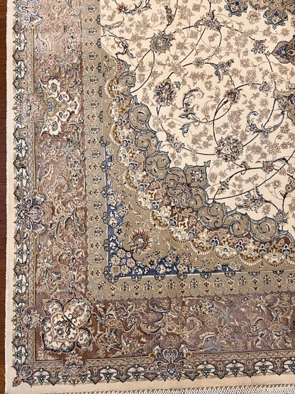 4x6 ft Ivory Silk Rug – Beige, Taupe & Soft Blue Floral Medallion Area Rug, Elegant Neutral Design