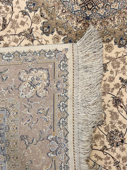4x6 ft Ivory Silk Rug – Beige, Taupe & Soft Blue Floral Medallion Area Rug, Elegant Neutral Design