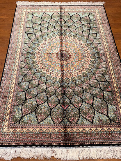 4x6 ft Silk Rug – Sage Green, Ivory & Soft Blue Floral Medallion Area Rug, Elegant Botanical Design