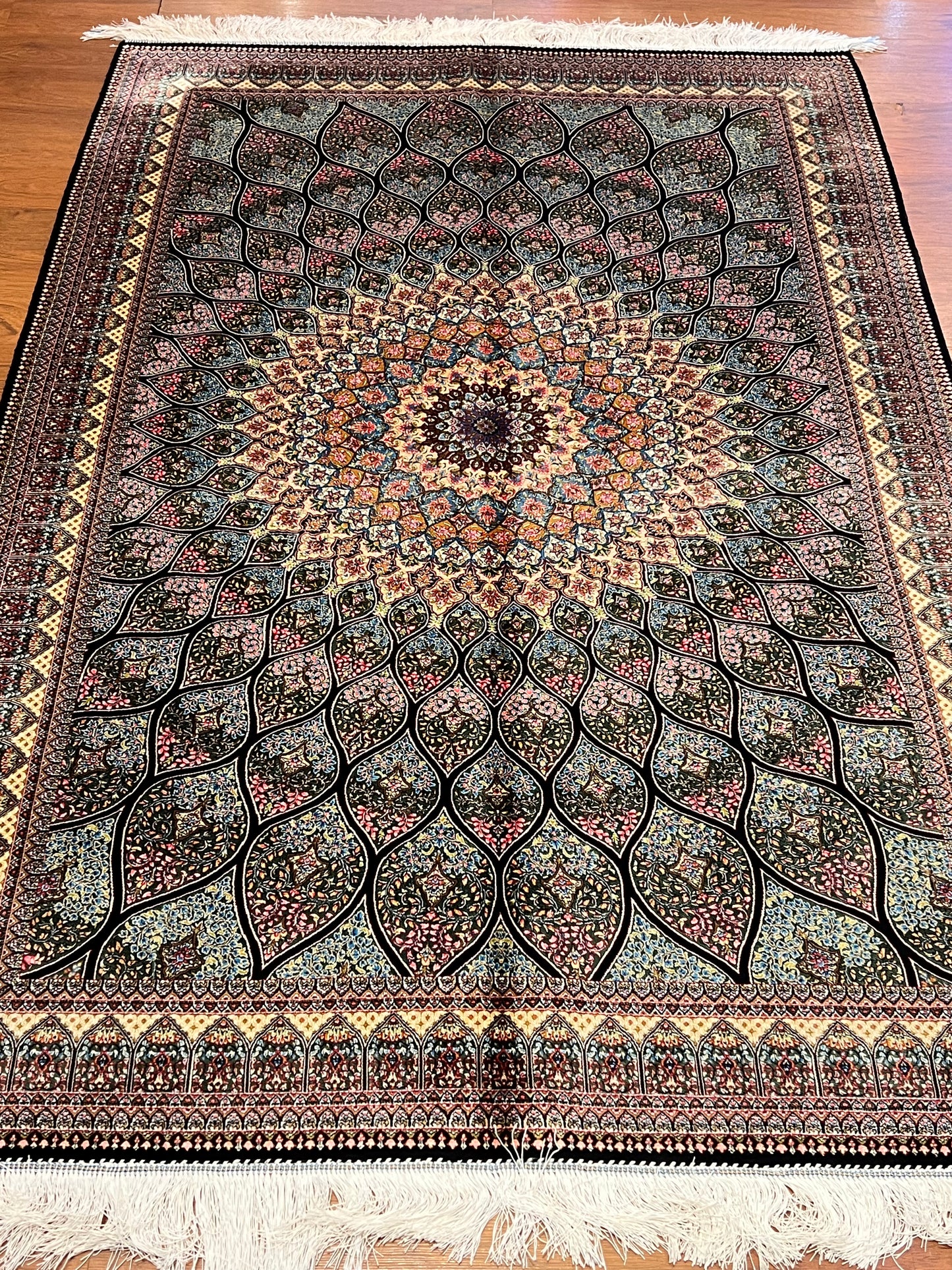 4x6 ft Silk Rug – Sage Green, Ivory & Soft Blue Floral Medallion Area Rug, Elegant Botanical Design