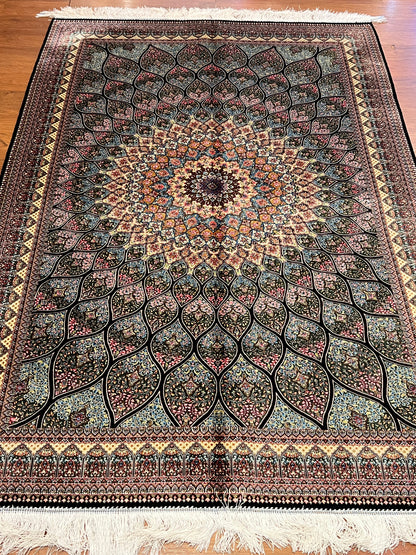 4x6 ft Silk Rug – Sage Green, Ivory & Soft Blue Floral Medallion Area Rug, Elegant Botanical Design