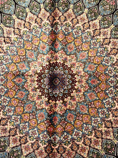 4x6 ft Silk Rug – Sage Green, Ivory & Soft Blue Floral Medallion Area Rug, Elegant Botanical Design