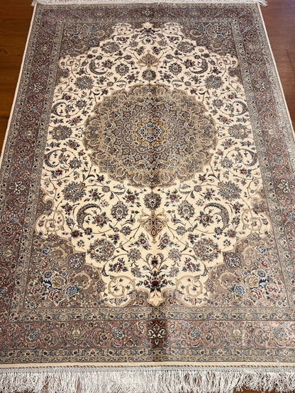 4x6 ft Ivory Silk Rug – Taupe & Mocha Floral Medallion Area Rug, Elegant Neutral Classic Design