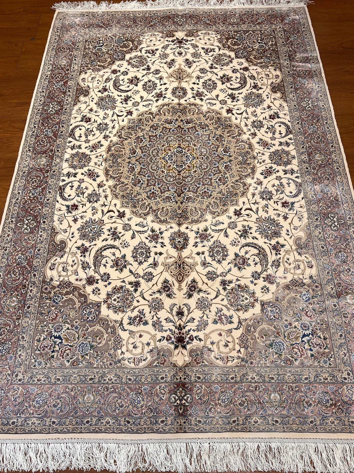 4x6 ft Ivory Silk Rug – Taupe & Mocha Floral Medallion Area Rug, Elegant Neutral Classic Design
