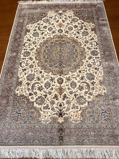 4x6 ft Ivory Silk Rug – Taupe & Mocha Floral Medallion Area Rug, Elegant Neutral Classic Design