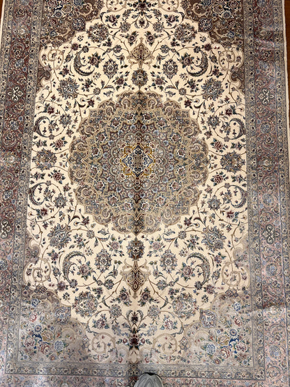 4x6 ft Ivory Silk Rug – Taupe & Mocha Floral Medallion Area Rug, Elegant Neutral Classic Design