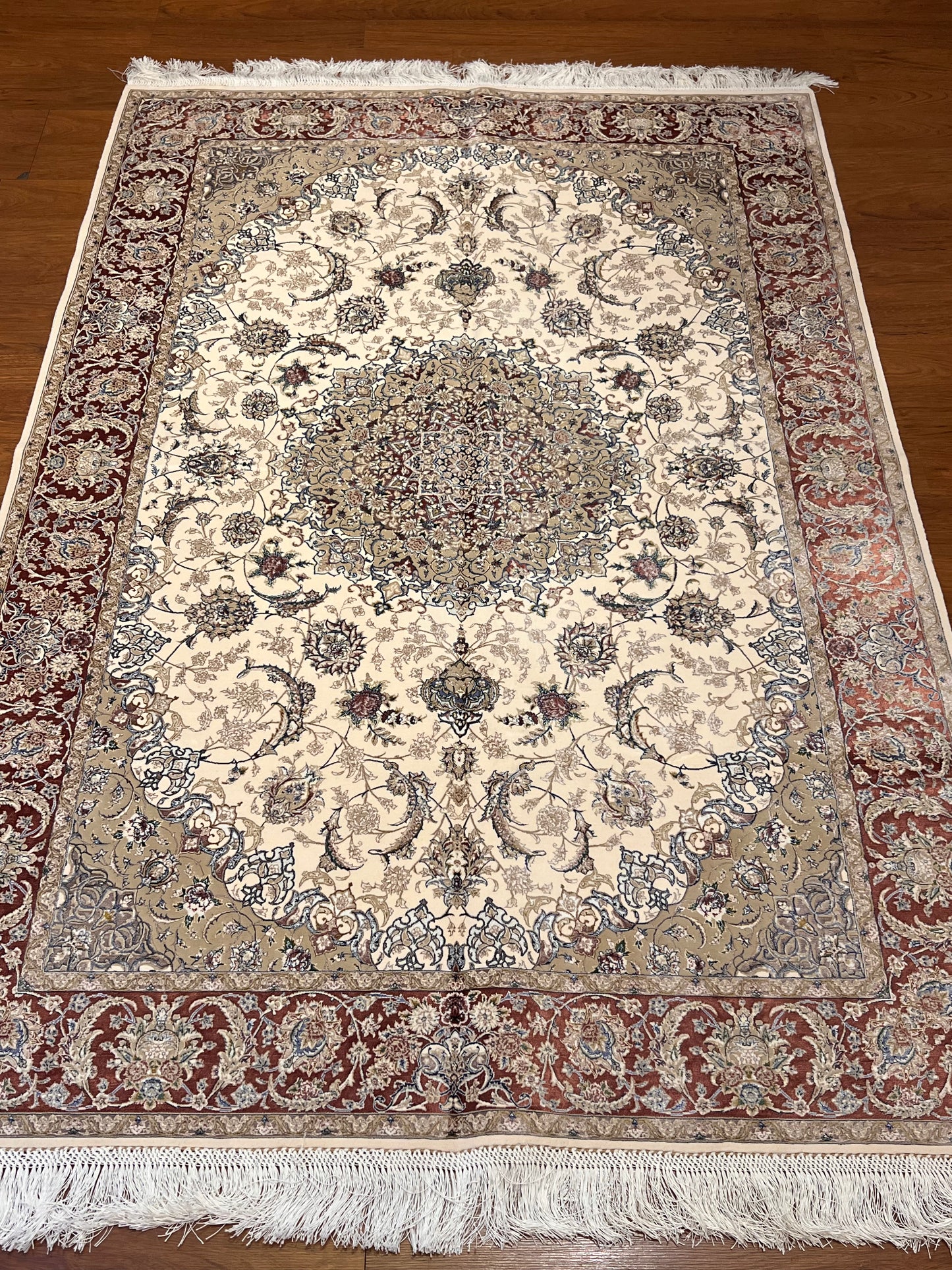 4x6 ft Ivory Silk Rug – Rust Burgundy Border & Taupe Floral Medallion Area Rug, Elegant Classic Design