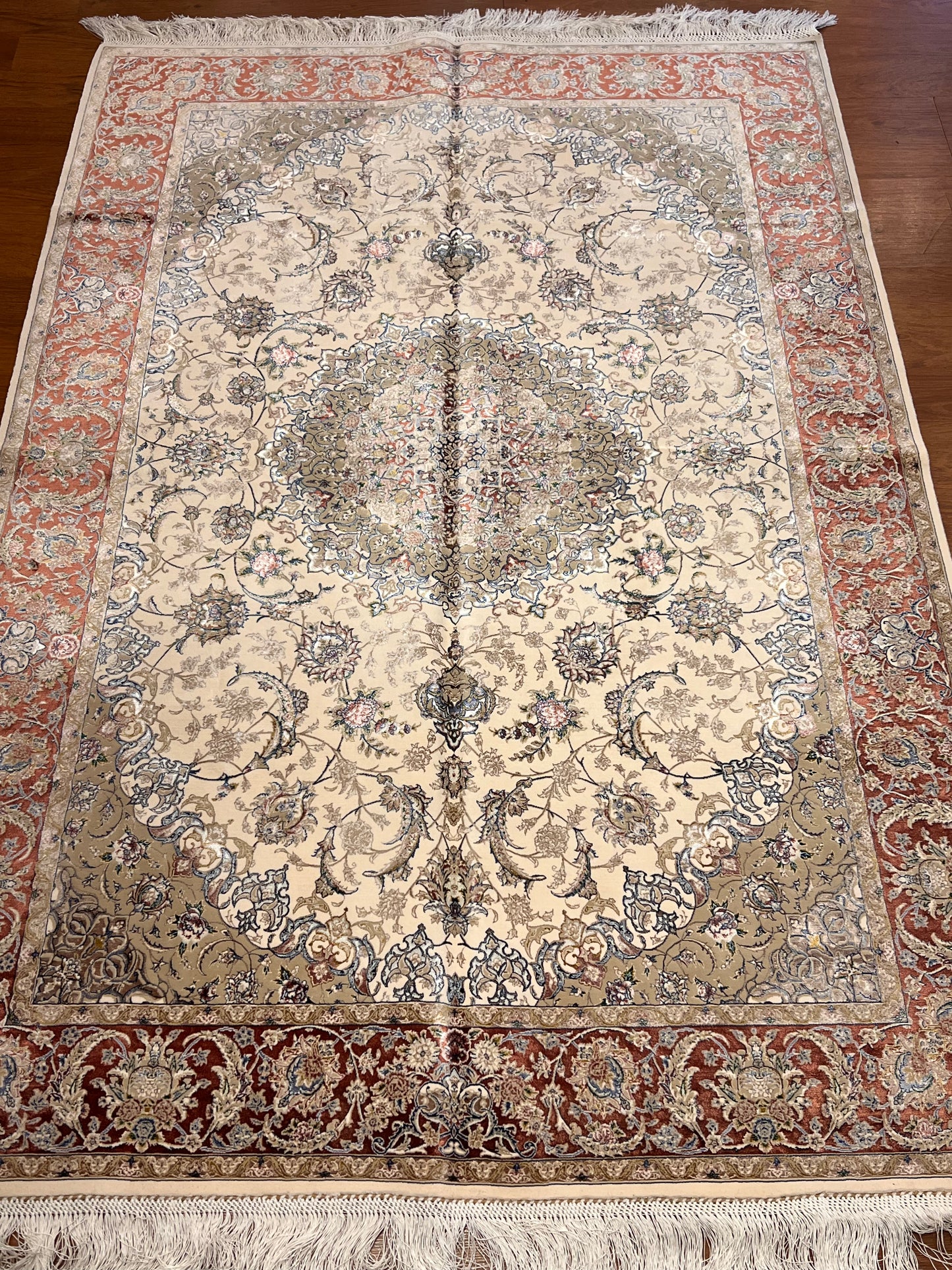 4x6 ft Ivory Silk Rug – Rust Burgundy Border & Taupe Floral Medallion Area Rug, Elegant Classic Design