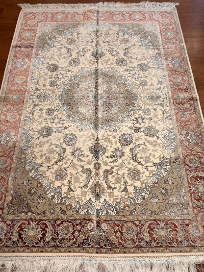 4x6 ft Ivory Silk Rug – Rust Burgundy Border & Taupe Floral Medallion Area Rug, Elegant Classic Design