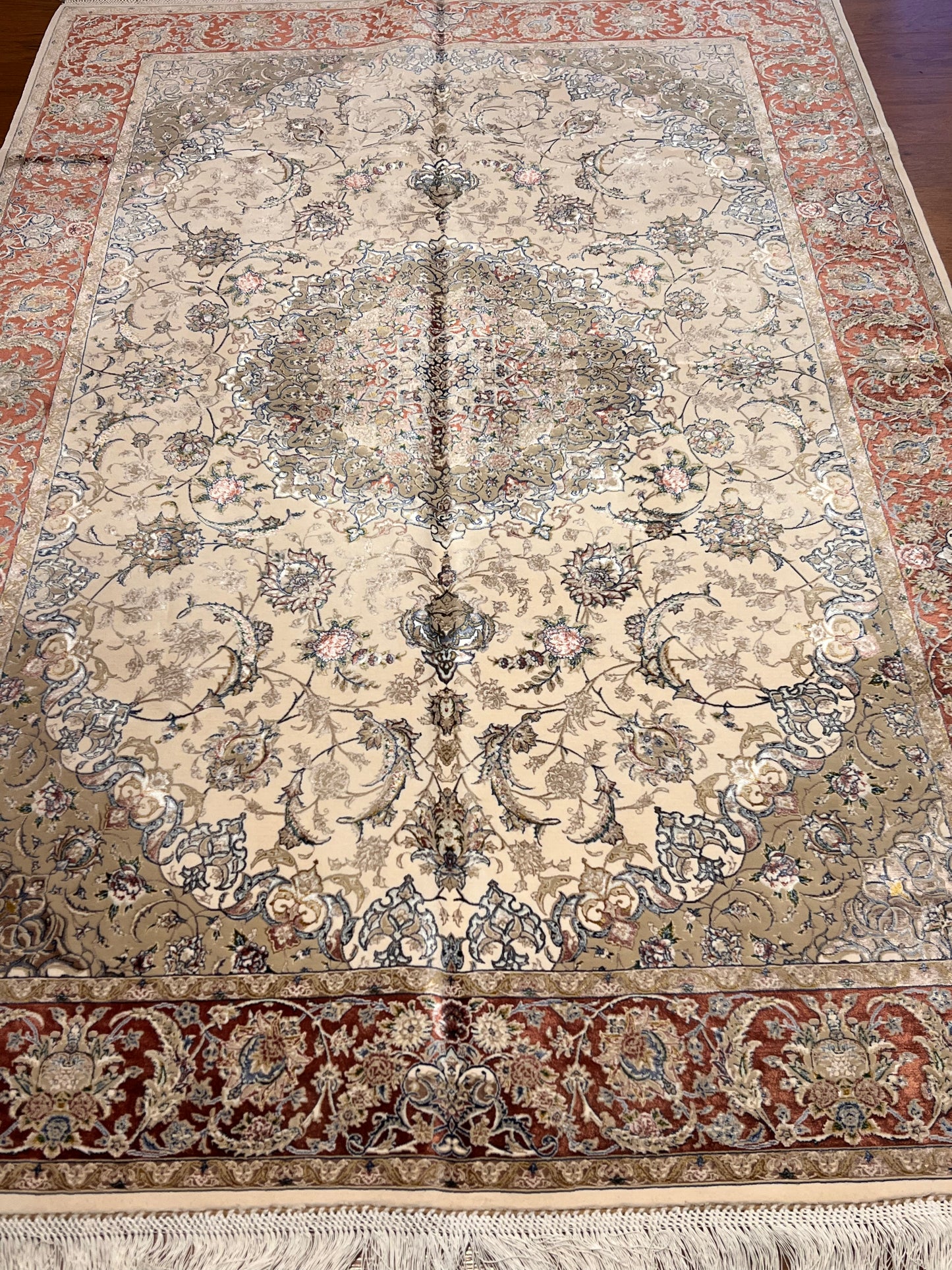 4x6 ft Ivory Silk Rug – Rust Burgundy Border & Taupe Floral Medallion Area Rug, Elegant Classic Design