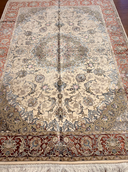 4x6 ft Ivory Silk Rug – Rust Burgundy Border & Taupe Floral Medallion Area Rug, Elegant Classic Design