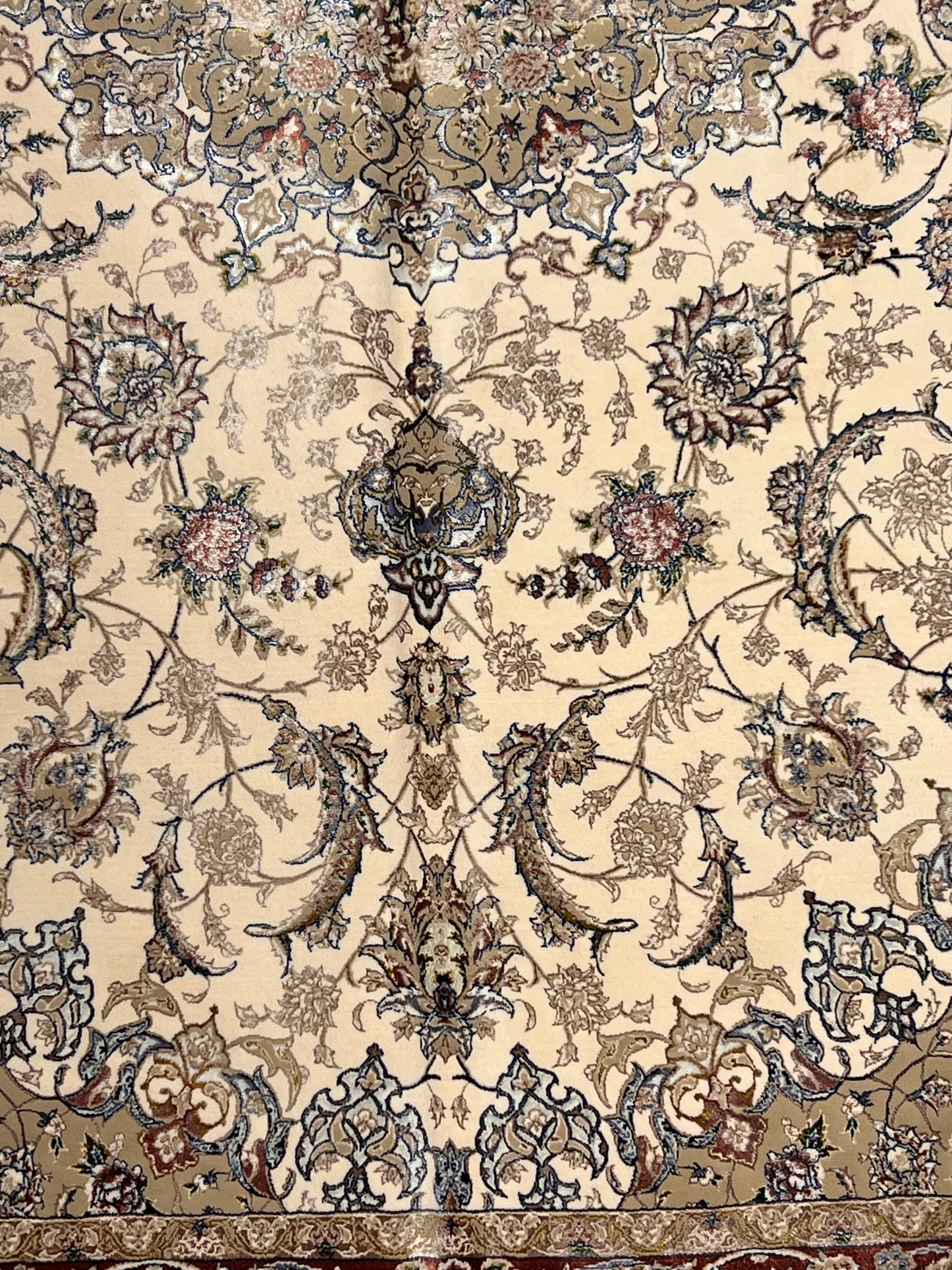 4x6 ft Ivory Silk Rug – Rust Burgundy Border & Taupe Floral Medallion Area Rug, Elegant Classic Design