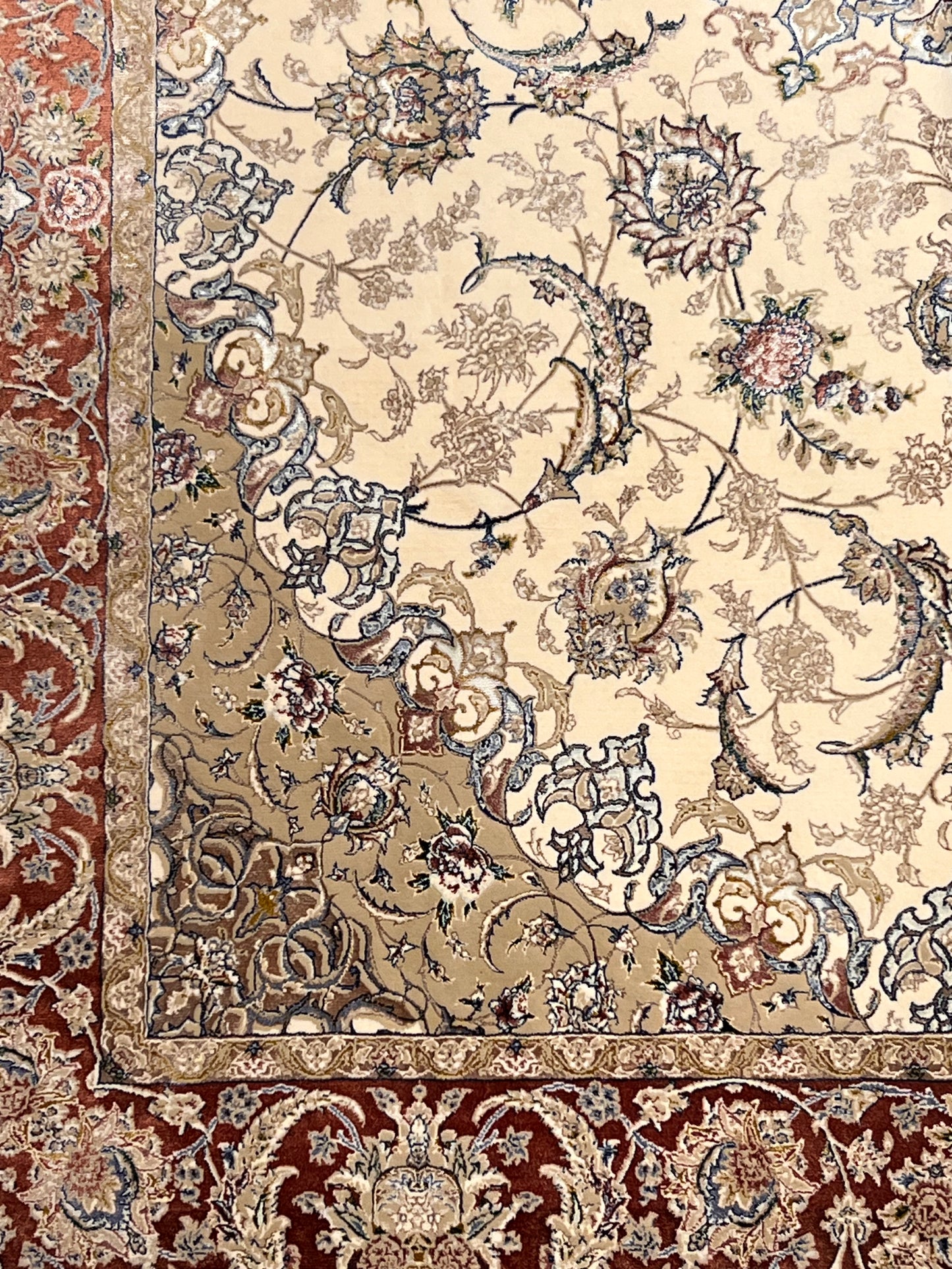 4x6 ft Ivory Silk Rug – Rust Burgundy Border & Taupe Floral Medallion Area Rug, Elegant Classic Design