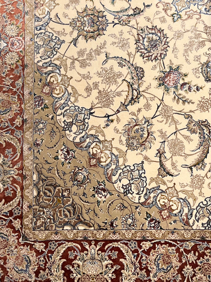 4x6 ft Ivory Silk Rug – Rust Burgundy Border & Taupe Floral Medallion Area Rug, Elegant Classic Design