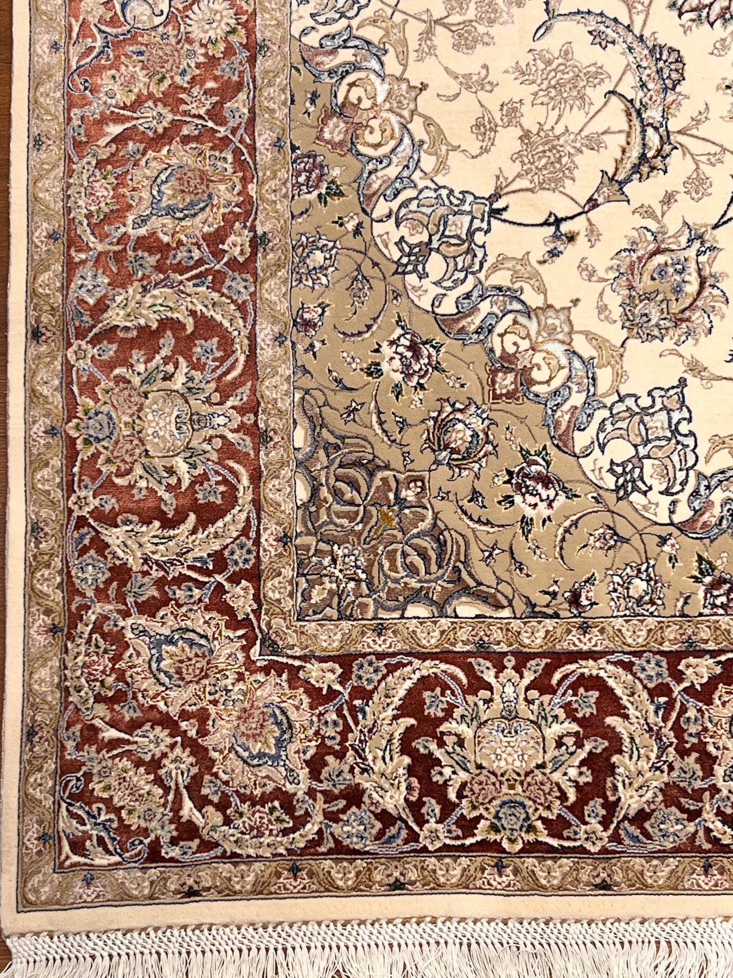 4x6 ft Ivory Silk Rug – Rust Burgundy Border & Taupe Floral Medallion Area Rug, Elegant Classic Design