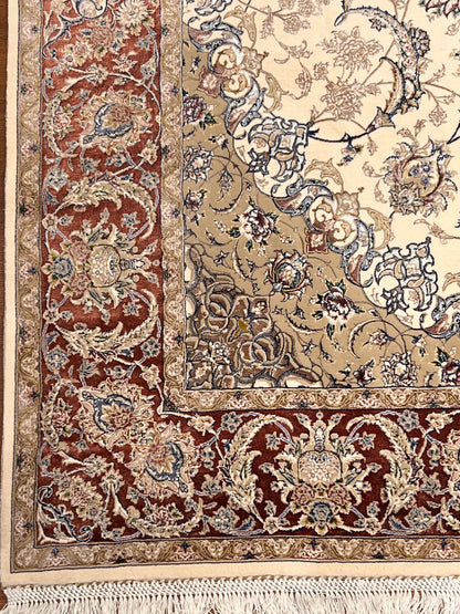 4x6 ft Ivory Silk Rug – Rust Burgundy Border & Taupe Floral Medallion Area Rug, Elegant Classic Design