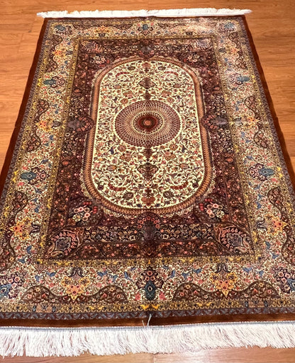 4x6 ft Bamboo Silk Rug – Ivory & Mocha Floral Medallion Area Rug – Elegant Luxury Silk Rug