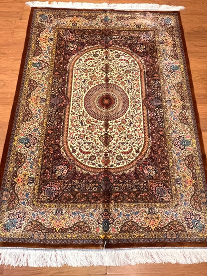 4x6 ft Bamboo Silk Rug – Ivory & Mocha Floral Medallion Area Rug – Elegant Luxury Silk Rug