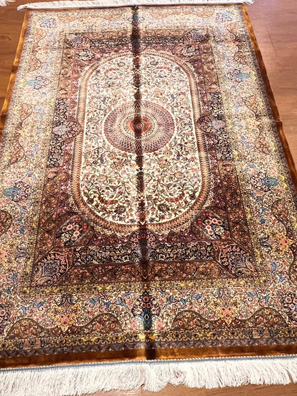 4x6 ft Bamboo Silk Rug – Ivory & Mocha Floral Medallion Area Rug – Elegant Luxury Silk Rug