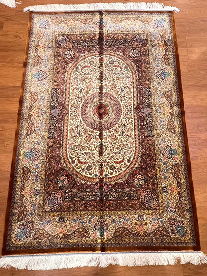 4x6 ft Bamboo Silk Rug – Ivory & Mocha Floral Medallion Area Rug – Elegant Luxury Silk Rug