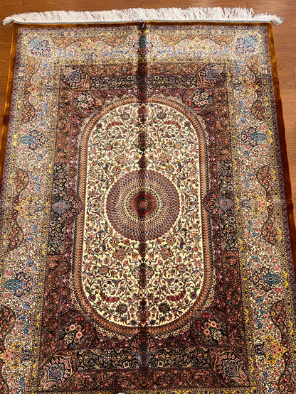 4x6 ft Bamboo Silk Rug – Ivory & Mocha Floral Medallion Area Rug – Elegant Luxury Silk Rug