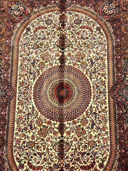 4x6 ft Bamboo Silk Rug – Ivory & Mocha Floral Medallion Area Rug – Elegant Luxury Silk Rug