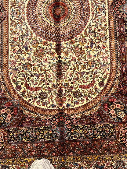 4x6 ft Bamboo Silk Rug – Ivory & Mocha Floral Medallion Area Rug – Elegant Luxury Silk Rug