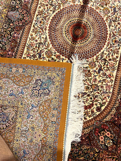 4x6 ft Bamboo Silk Rug – Ivory & Mocha Floral Medallion Area Rug – Elegant Luxury Silk Rug