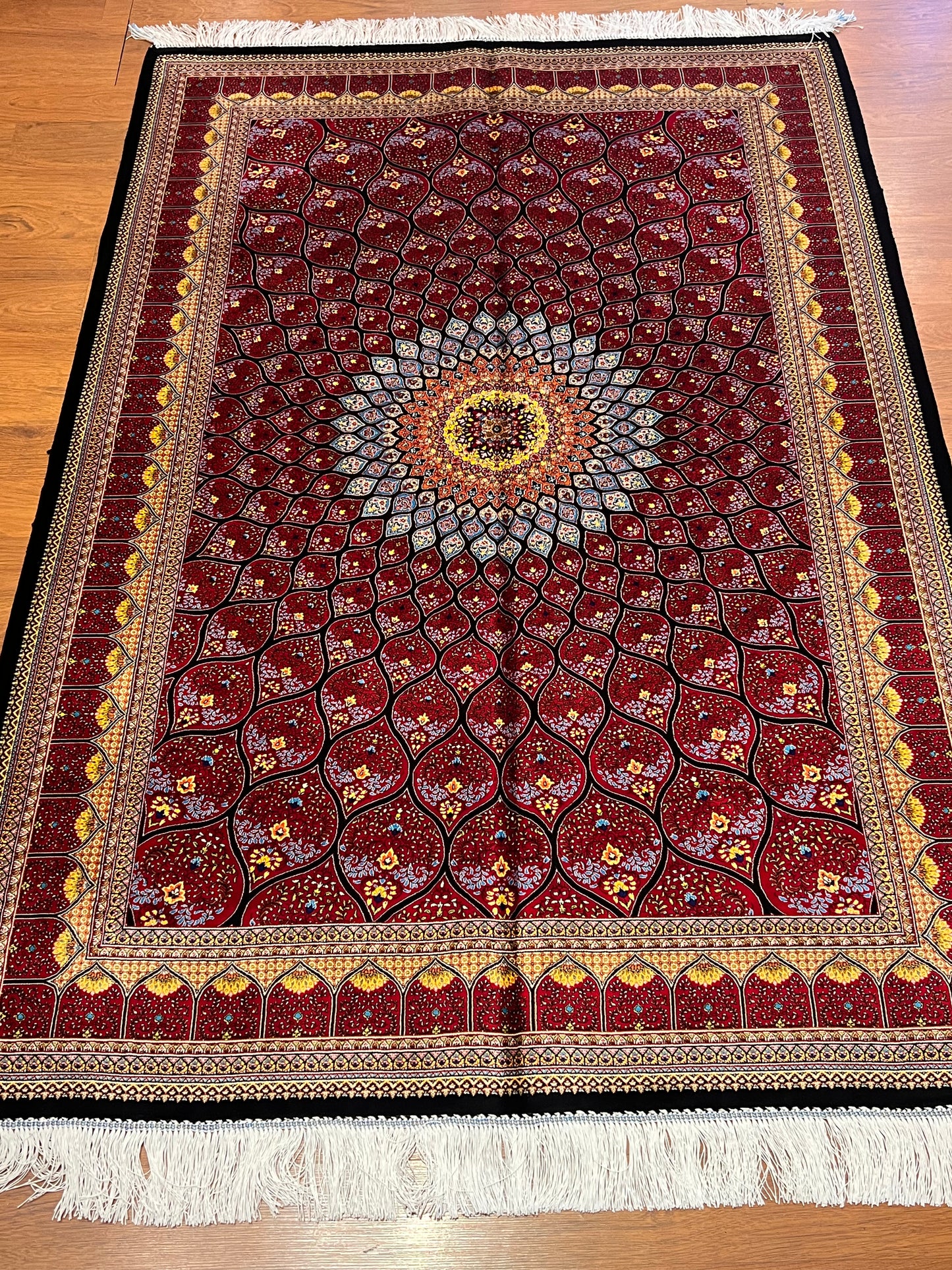 4x6 ft Bamboo Silk Rug – Deep Red Floral Medallion Silk Area Rug – Luxury Statement Rug