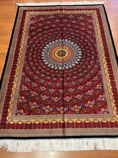 4x6 ft Bamboo Silk Rug – Deep Red Floral Medallion Silk Area Rug – Luxury Statement Rug