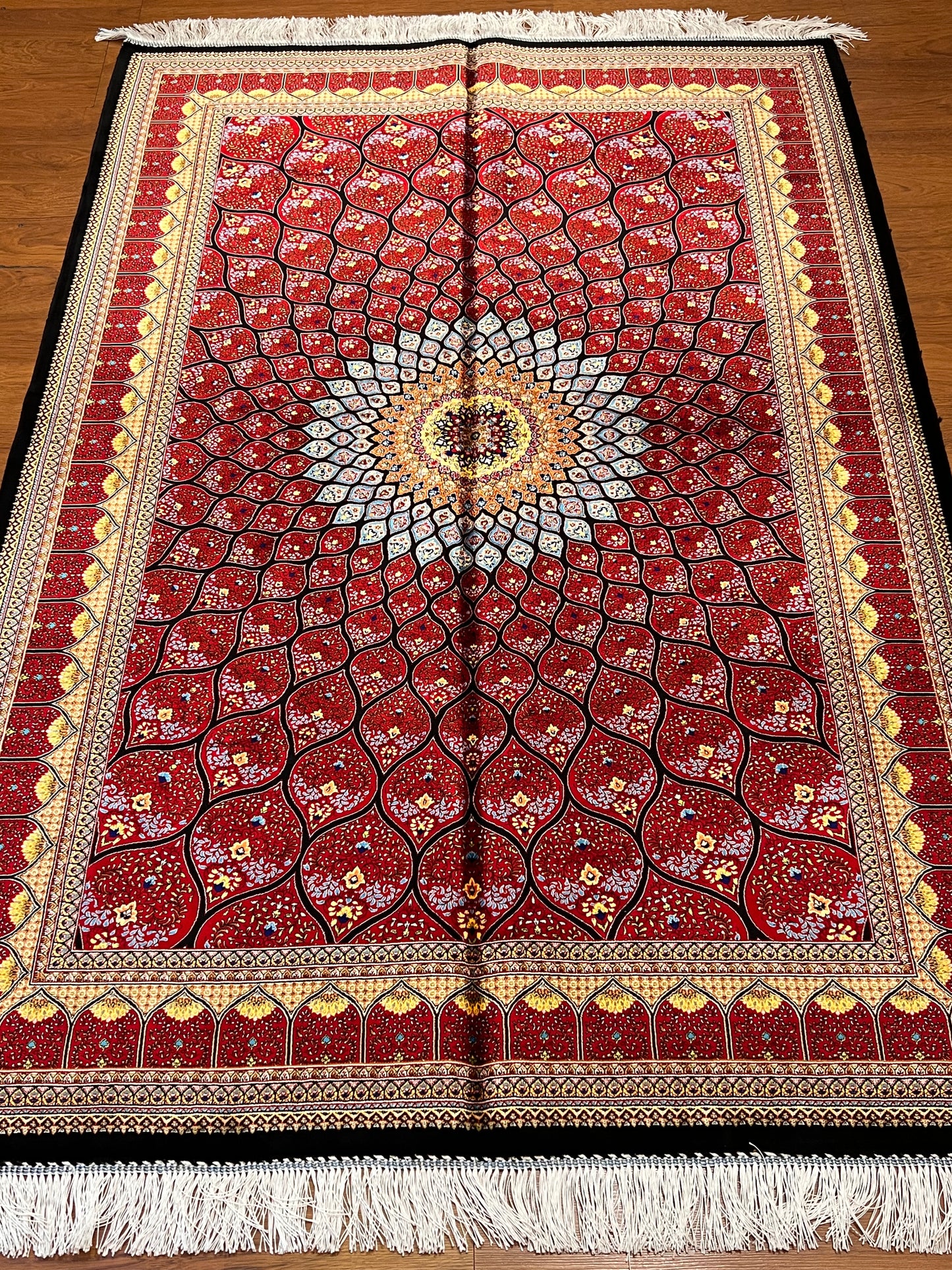4x6 ft Bamboo Silk Rug – Deep Red Floral Medallion Silk Area Rug – Luxury Statement Rug