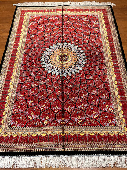 4x6 ft Bamboo Silk Rug – Deep Red Floral Medallion Silk Area Rug – Luxury Statement Rug
