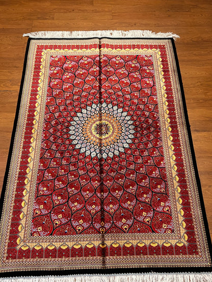 4x6 ft Bamboo Silk Rug – Deep Red Floral Medallion Silk Area Rug – Luxury Statement Rug