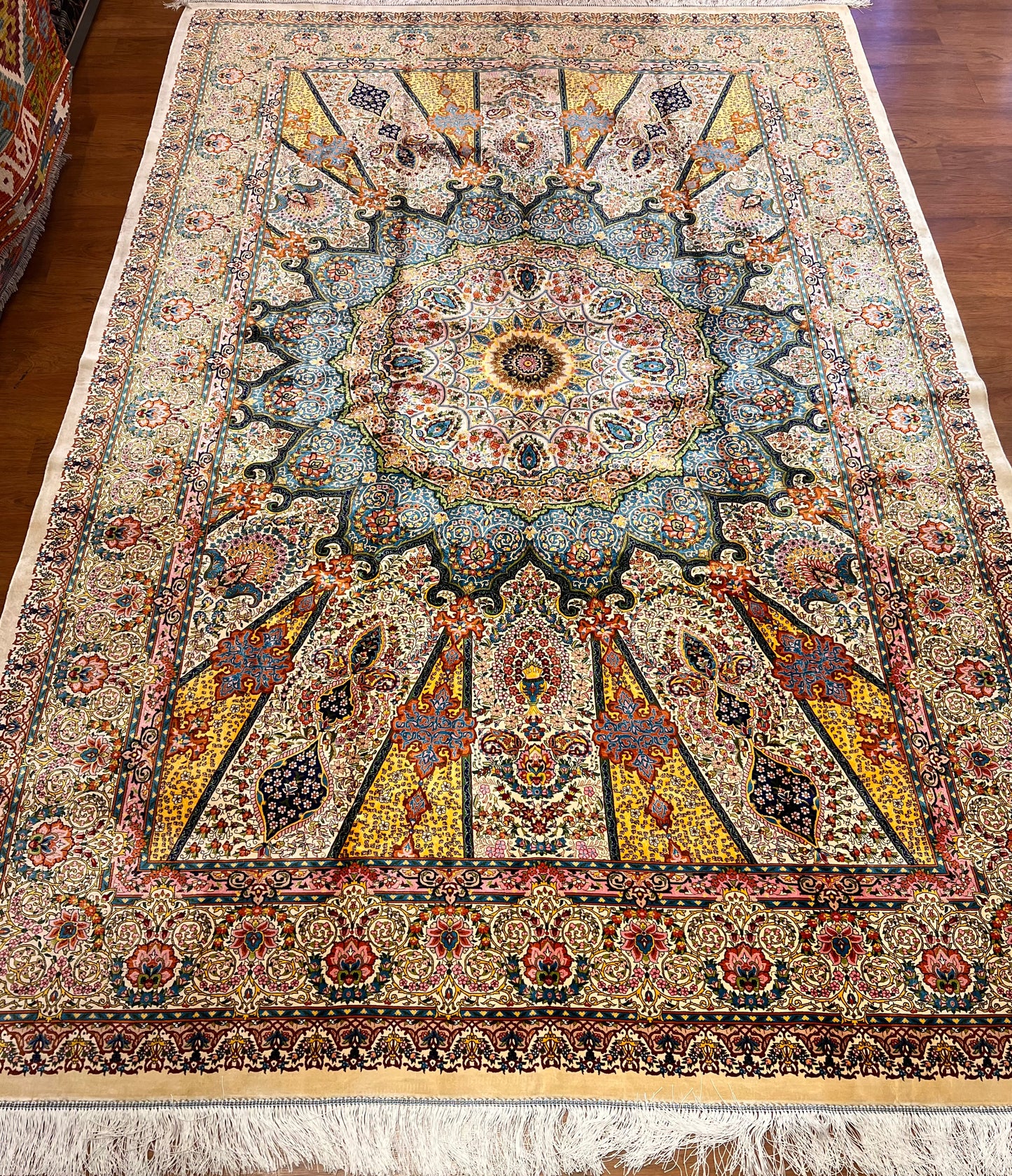 7x10 ft Silk Rug – Ivory, Soft Blue & Gold Ornate Medallion Area Rug, Elegant Floral Statement Design