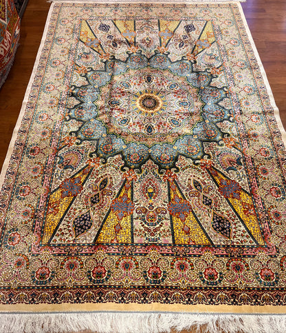 7x10 ft Silk Rug – Ivory, Soft Blue & Gold Ornate Medallion Area Rug, Elegant Floral Statement Design