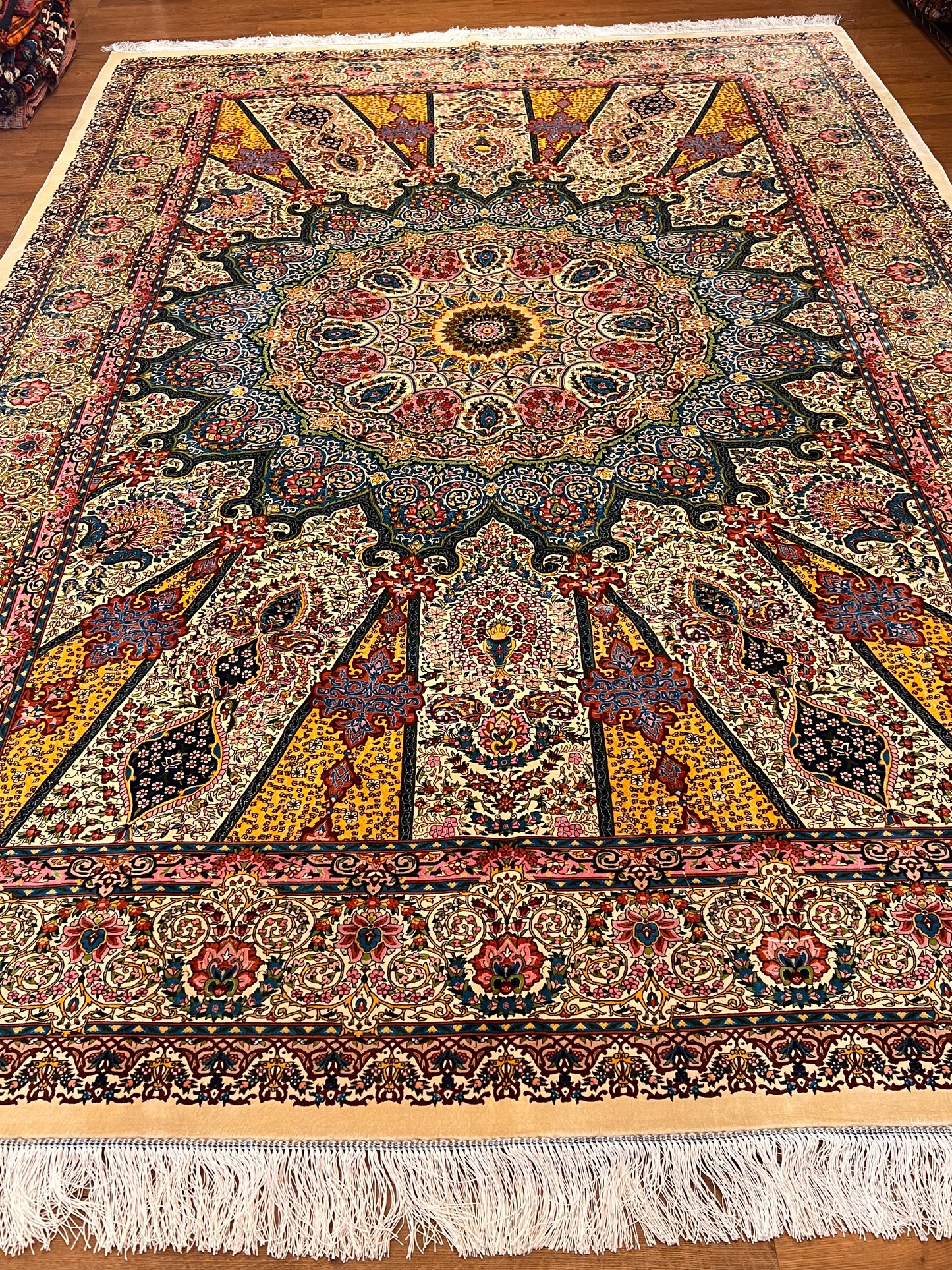 7x10 ft Silk Rug – Ivory, Soft Blue & Gold Ornate Medallion Area Rug, Elegant Floral Statement Design
