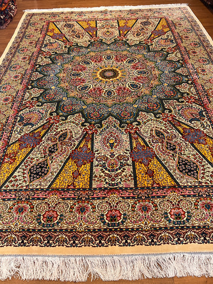 7x10 ft Silk Rug – Ivory, Soft Blue & Gold Ornate Medallion Area Rug, Elegant Floral Statement Design