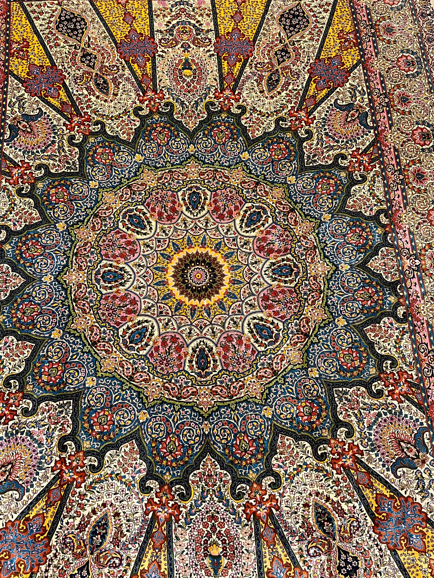 7x10 ft Silk Rug – Ivory, Soft Blue & Gold Ornate Medallion Area Rug, Elegant Floral Statement Design