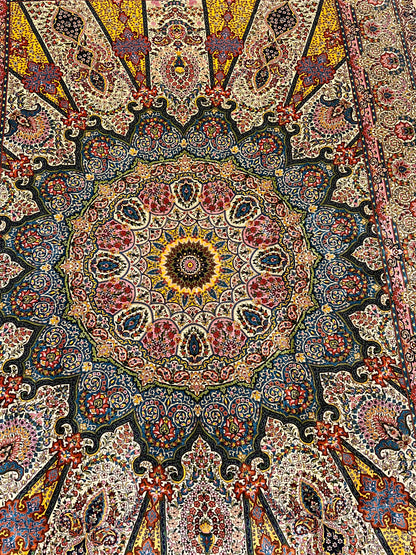 7x10 ft Silk Rug – Ivory, Soft Blue & Gold Ornate Medallion Area Rug, Elegant Floral Statement Design