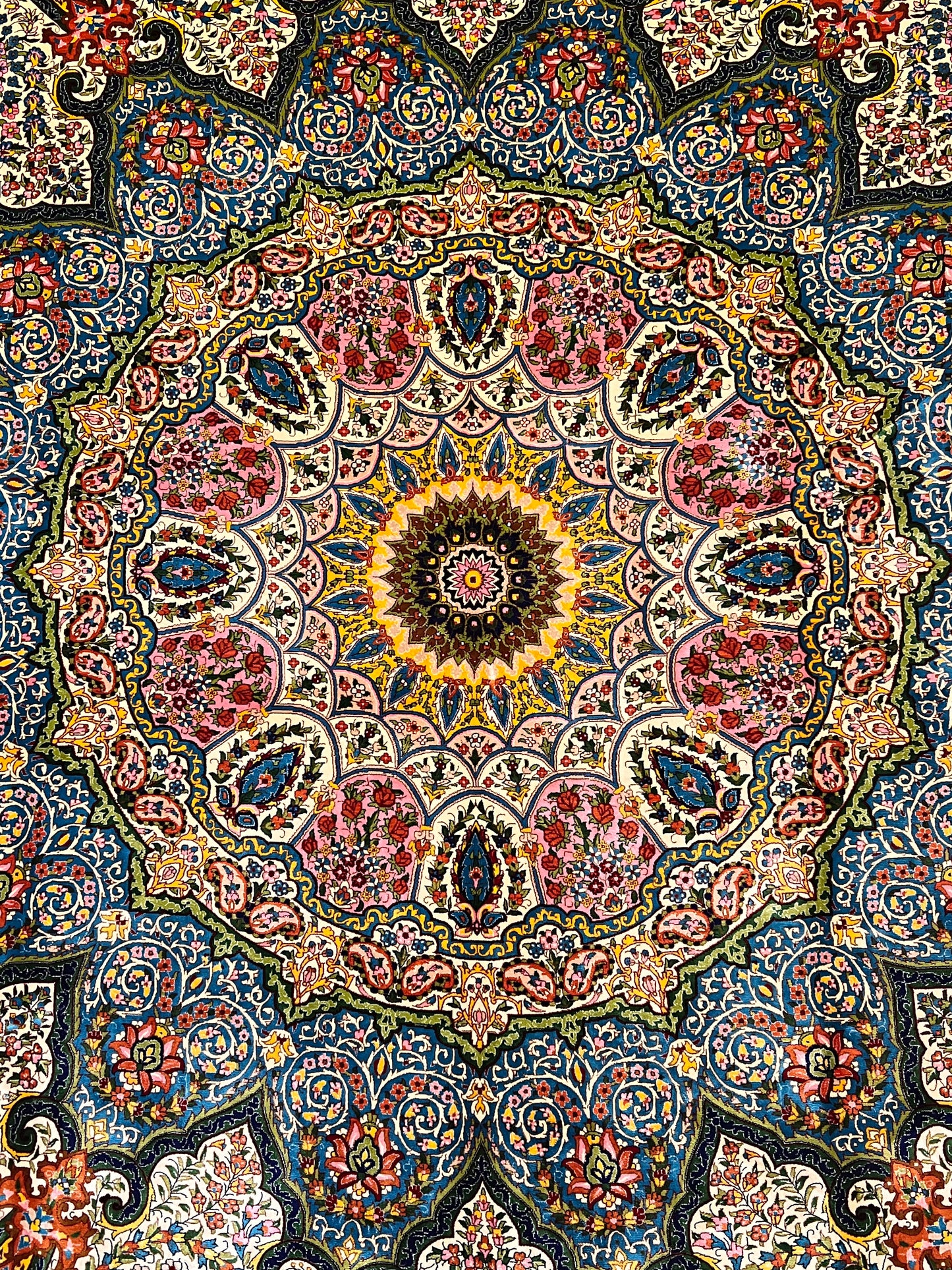 7x10 ft Silk Rug – Ivory, Soft Blue & Gold Ornate Medallion Area Rug, Elegant Floral Statement Design